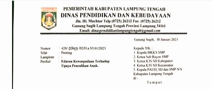 Waspadai Penculikan Anak, Disdikbud Lamteng Beri Edaran Ini