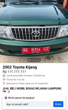 Mobil Berplat Dinas Dijual Online di Grup Jual Beli FB Wilayah Lampung