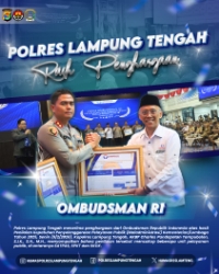 Kapolres Lamteng Terima Penghargaan Pelayanan Publik dari Ombudsman RI