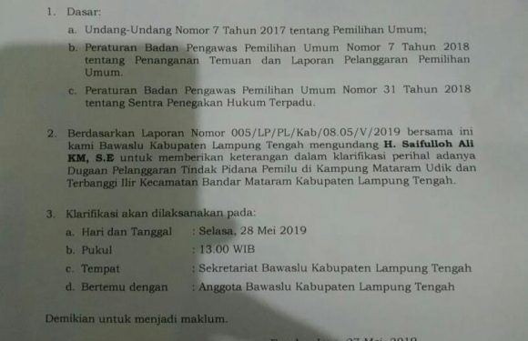 Besok, Bawaslu Lamteng Mintai Klarifikasi Anggota DPRD Lamteng Saifulloh Ali