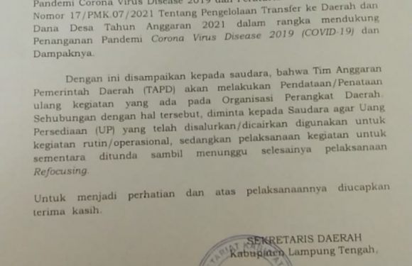 Kegiatan Semua OPD Pemkab Lamteng Ditunda, Ini Penjelasan Asisten III