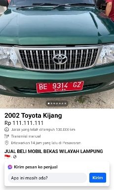 Mobil Berplat Dinas Dijual Online di Grup Jual Beli FB Wilayah Lampung