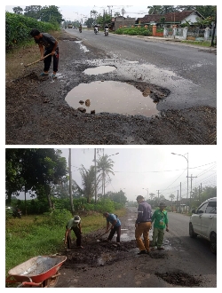 Kerap Menelan Korban Jiwa, Lubang Disepanjang Jalan Lintas Panggungan Gunungsugih Raya Ditimbun Warga